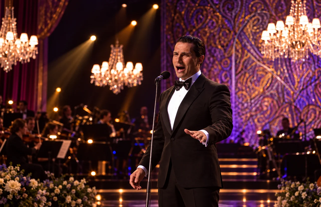 Max Wilson Pereira singt mit Orchester auf einer beleuchteten Bühne